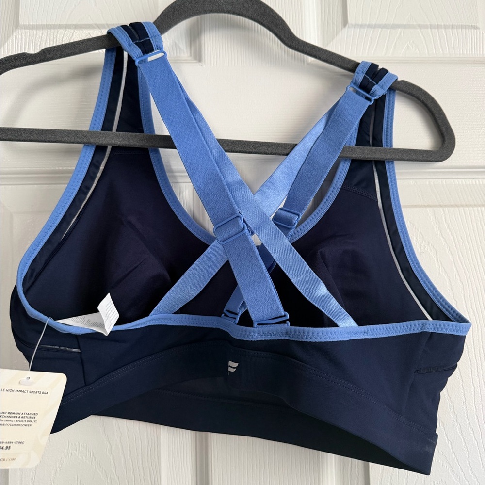 Fabletics Navy and Light Blue Sports Bra and capri athletic pants set